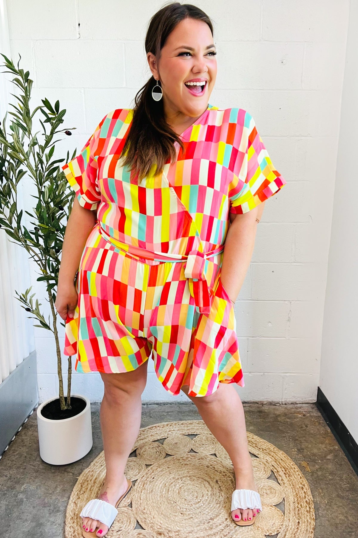 Eyes On You Coral Geo Abstract Surplice Woven Romper