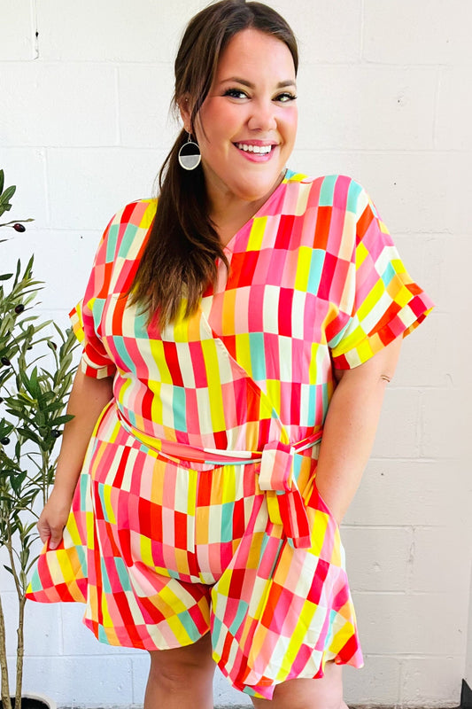 Eyes On You Coral Geo Abstract Surplice Woven Romper