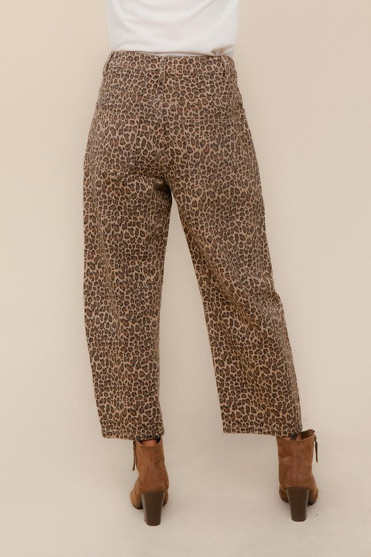 Be Bold Khaki Mid Rise Baggy Leopard Print Drawstring Patch Pocket Jeans