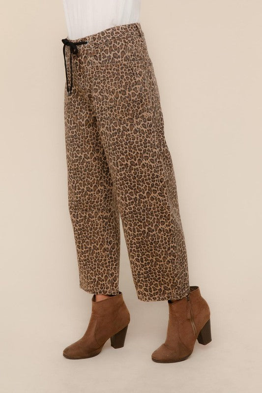Be Bold Khaki Mid Rise Baggy Leopard Print Drawstring Patch Pocket Jeans