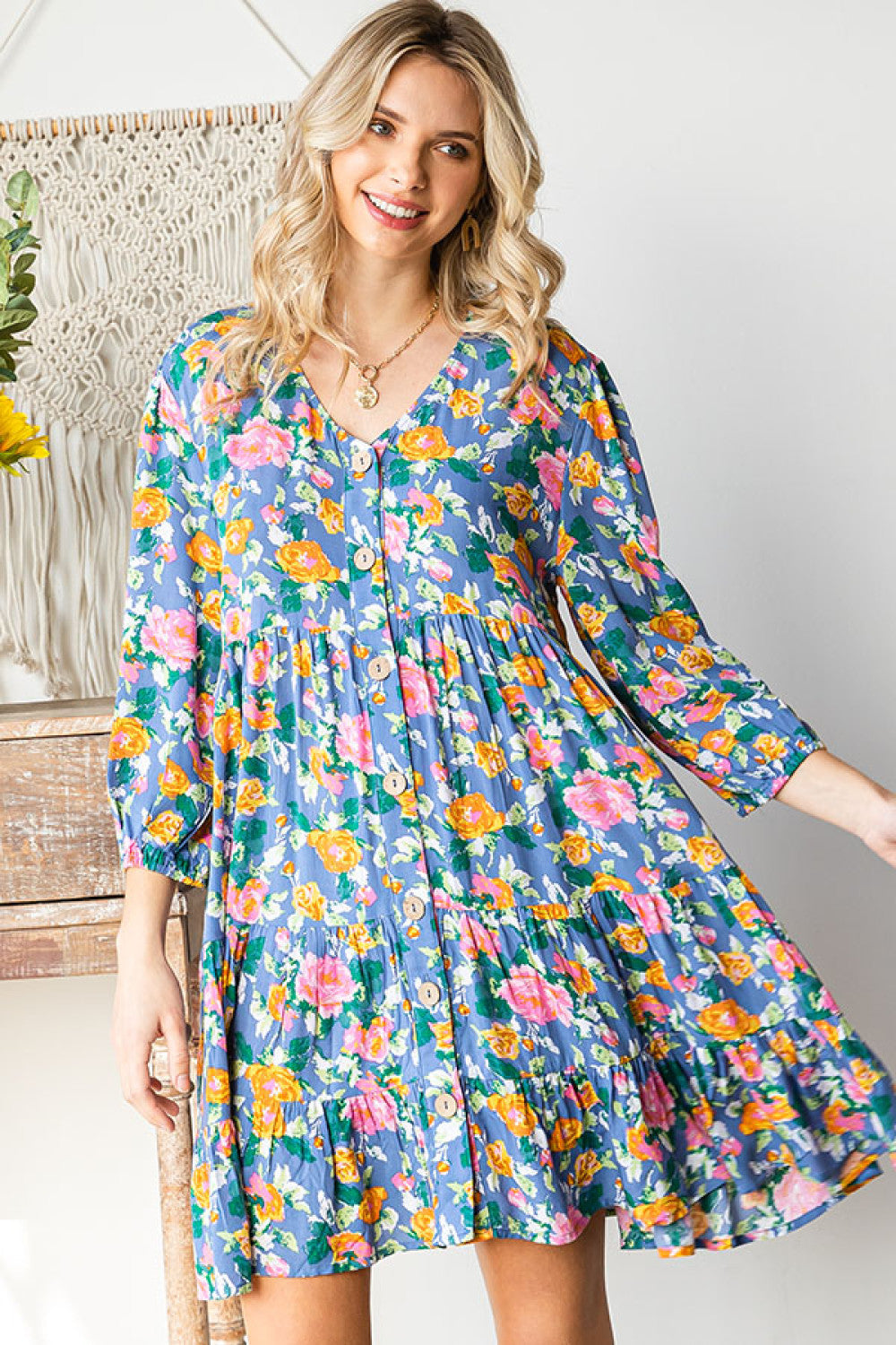 Boho Vibes Cotton Floral Button Down 3/4 Sleeve Tiered Dress